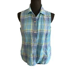 Vintage 90s Jones Wear Linen Cotton Sleeveless Plaid Button Up Sz 8 Pastel Blue